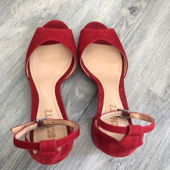Schutz Roama Red Suede Block Heel Sandals - Picture 6 of 15